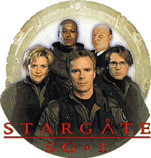 Stargate SG-1 team: left to right, bottom: Samantha Carter, Jack O'Neill, Daniel Jackson; top: Teal'C, George Hammond